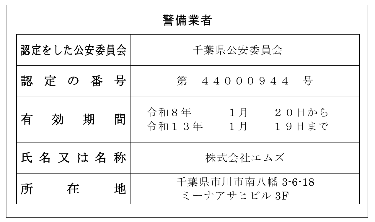 警備業者登録標識（千葉県公安委員会認定）